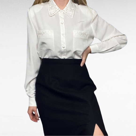 Vintage Tops - VINTAGE | 1990's Liz Baker White Embellished Long Sleeve Button Down Shirt